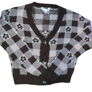 No Boundaries Coquette Black and Pink Checkered Cardigan with Flowers Size Small